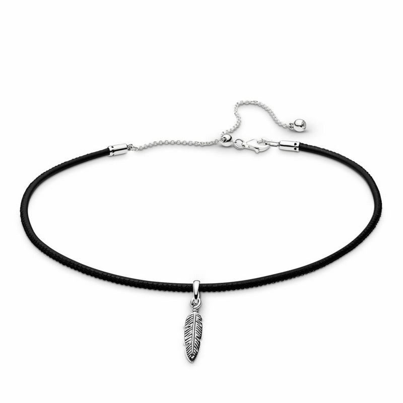 Pandora Australia Black Leather Choker Necklace & Feather Pendant - Sterling Silver | SBMDRK378